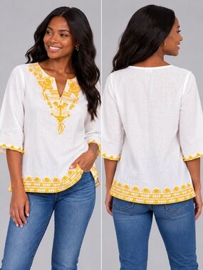 Lino USA White 100% Linen Embroidered Tunic Blouse Yellow Boho Pom Pom Med M